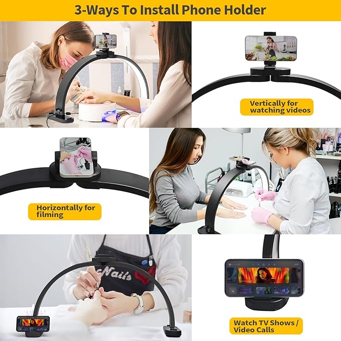 CGBE Half-Moon Nail Light for Desk : Professional Manicurist Table Lamp for Nail Salon Lighting and Eyelash Extensions with Phone Holder - Extra Large 30.7" Craft Desk Light - Black