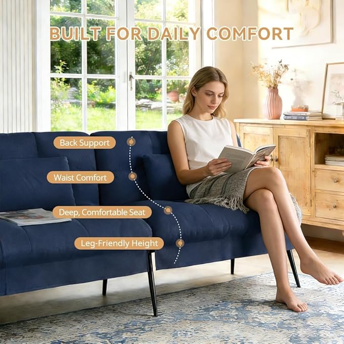 COMHOMA 72″Futon Sofa Bed,Modern Convertible Sleeper Sofa, Fabric Futon Couch with Multi-Position Backrest for Living Room Furniture(Blue)