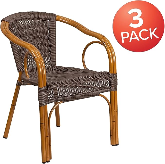 Flash Furniture 3 Pack Cadiz Series Dark Brown Rattan Restaurant Patio Chair with Red Bamboo-Aluminum Frame