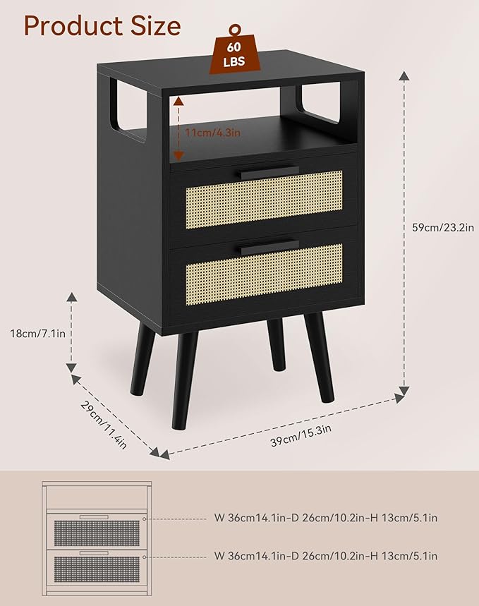 YMYNY Rattan Nightstand Set of 2, Boho Side Table with 2 Drawers, Open Shelf Unit with Arched Design, Solid Wood Legs, Storage Cabinet for Bedroom, Black UHST015B-2