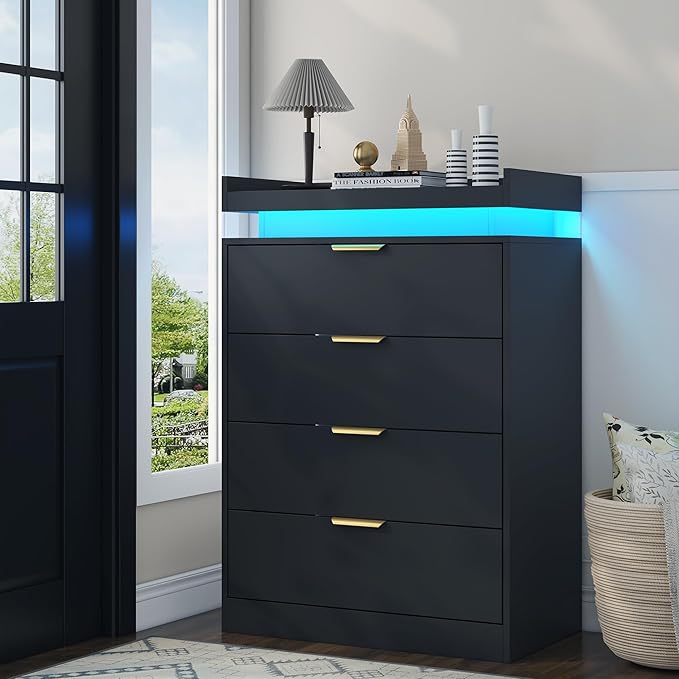 Black Dresser with LED Lights and Power Outlet, Wooden 4 Drawer Dresser Tall Dresser for Bedroom, Modern Chest of Drawers Closet Organizer for Bedroom, Entryway, Hallway