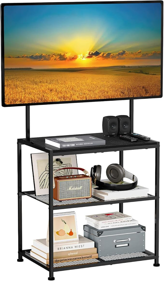 23 Inch to 50 Inch Floor Small Corner TV Stand with Storage Shelves for Living Room Bedroom, Universal Floor Television Stands with Mount, Farmhouse Black TV Table Desk Shelf for Small Spaces