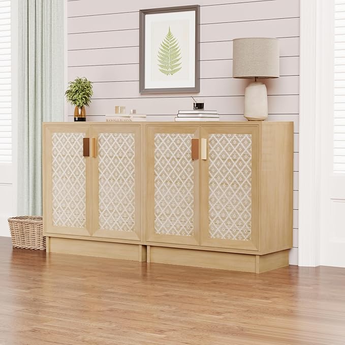 Sideboard Buffets Storage Cabinet, Boho Rattan Accent Cabinet with Doors, Farmhouse Buffet Console Table Coffee Bar for Entryway Kitchen Dining Room, Floral Rattan