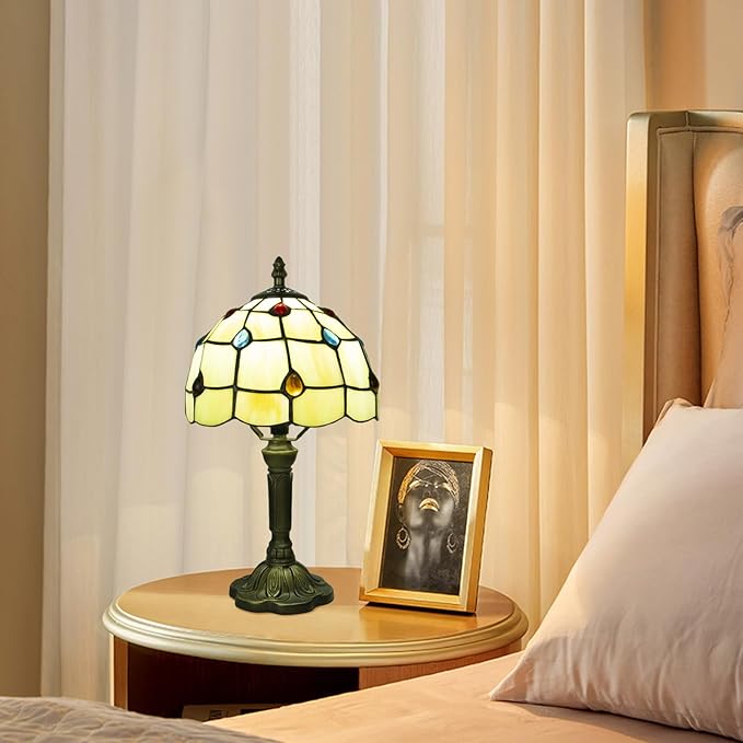 Crefotu Tiffany Style Table Lamp, 3 Color Temperatures Bedside Lamp, 8 Inch Stained Glass Desk Light for Home Office Bedroom Living Room (Phoenix Tail Pattern)