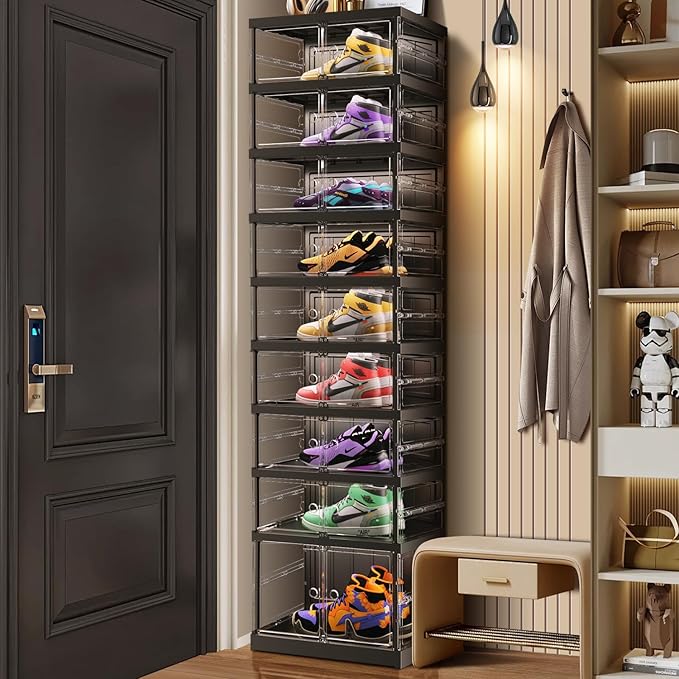 9-Tier Foldable Shoe Rack for Closet Entryway 9-18Pairs,Stackable Clear Shoe Storage Boxes Organizer with Door Plastic Small Shoe Cabinet Bins with Lids Shoes Shelf Easy Assembly Black