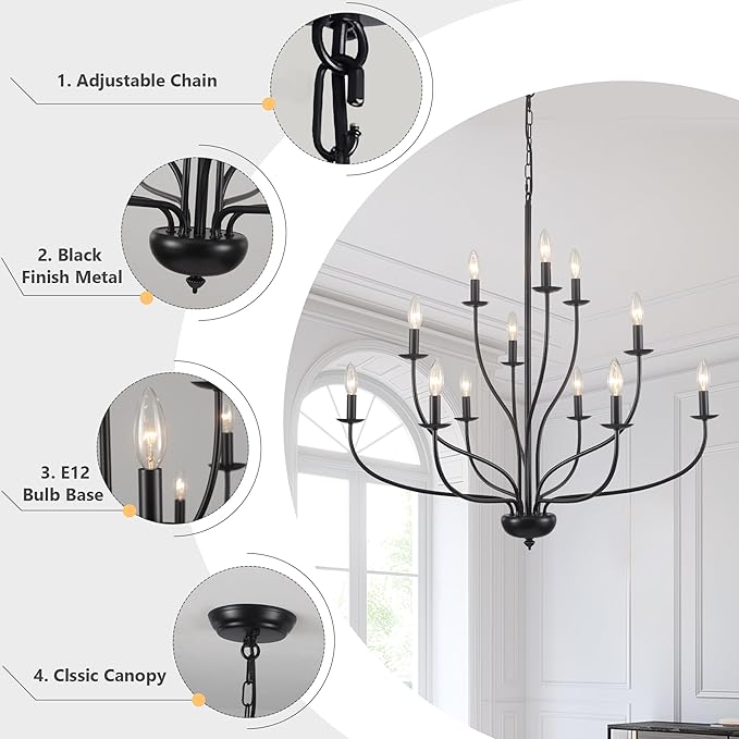 Black Chandelier 12 Light, Large Modern Farmhouse Chandeliers for Dining Room, Industrial Candle Pendant Lighting Fixture for Foyer Hallway Entryway High Ceiling, Bedroom, Living Room, Kitchen E12