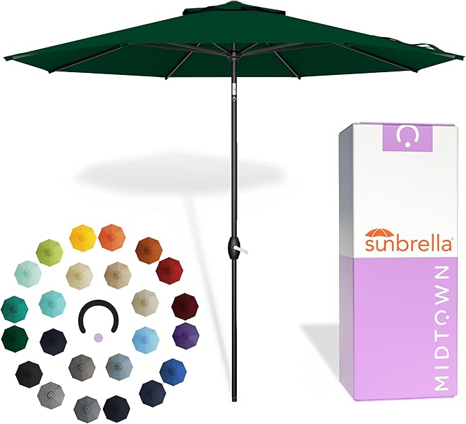 Midtown Umbrellas - The Lean 10 Ft Patio Umbrella with Fade-Resistant Sunbrella Fabric, Auto-Tilt Aluminum Frame and 8 Reinforced Ribs for Deck, Pool & Garden - Forest Green Canopy, Black Pole