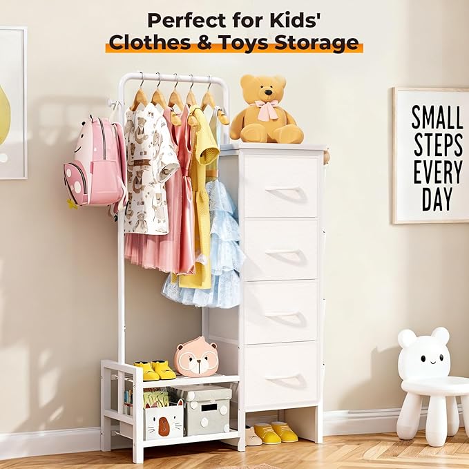 Dresser with Hanging Rack - 52" Tall Clothes Rack with Drawers, 4 Drawers & 4 Side Bags, Fabric Chest of Drawers with with Bottom Shelves, Kids Dresser for Bedroom, Living Room-White
