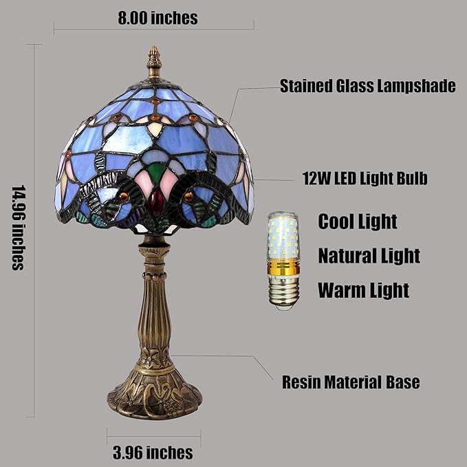 Tiffany Table Lamp 3-Way Light Handmade Bedside Lamp Small Desk Night Lamp Stained Glass Antique 15inch Tall Desk Light for Home Office Bedroom Living Room Study Room, Blue