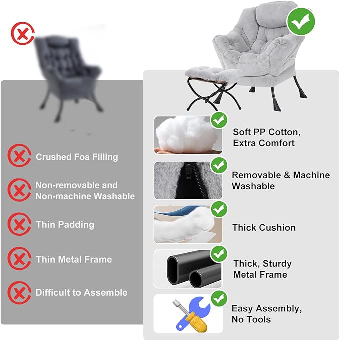 Lazy Chair with Ottoman, Modern Chair with Folding Footrest, Plush Grey Accent Chair, Comfortable Reading Chair, Oversized Armchairs for Bedroom, Study, Living Room, Courtyard