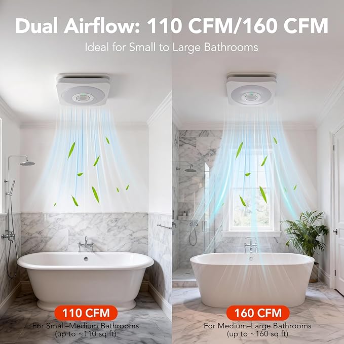 OREiN 3-in-1 Bathroom Exhaust Fan with Bluetooth Speaker & LED Light, 110/160 CFM Quiet Ventilation Fan, 1500LM, 2700K-6500K Adjustable, Night Light, Remote Control, 11.39" x 10.42" Ceiling Cut-Out
