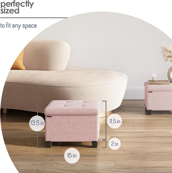 Storage Ottoman Cube with Small Bin, 16-in Square Ottoman with Storage for Living Room and Bedroom, Small Ottomans Foot Rest, Velvet Foot Stools Ottomans Max 330lbs, Pink