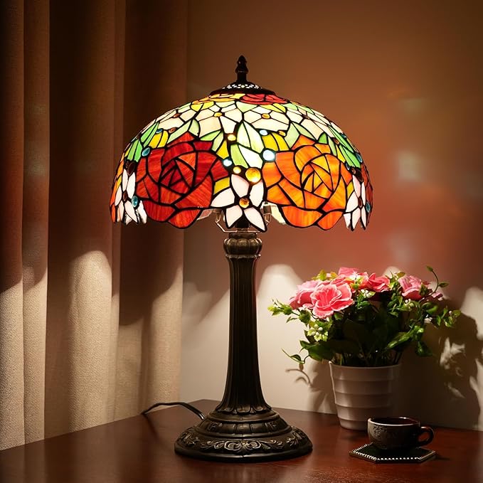 Tiffany Lamp Rose Flower Stained Glass Table Lamp 12X12X18 Inches Rose Style Desk Reading Light Decor Bedside Bedroom Living Room Home Festival Birthday Valentine's Day Christmas Gift