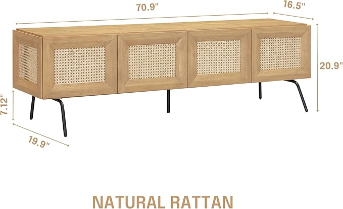 NTC Mossic TV Media Cabinet with 4 Doors for TVs, Entertainment Center with Natural Rattan, Metal Legs, Modern Storage Console for Living Room and Bedroom, Effortless Assembly, Sand