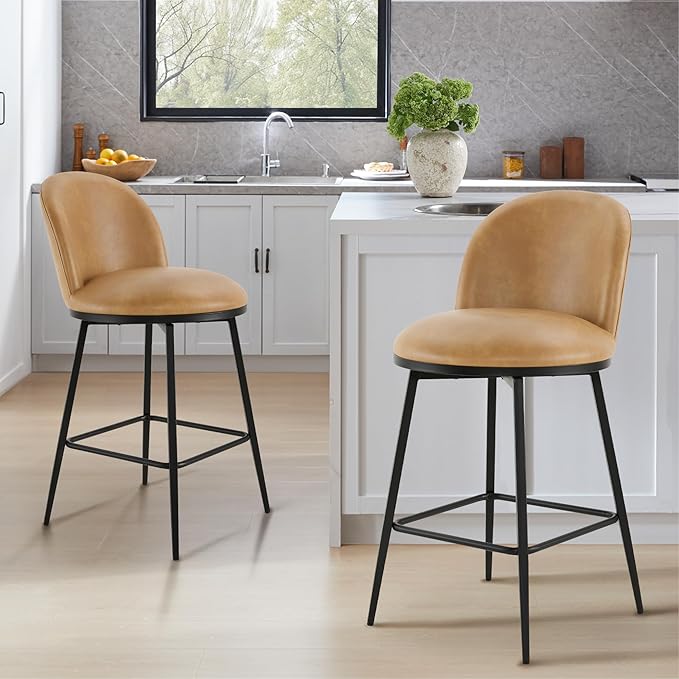 Swivel Bar Stools Set of 3, 26" H Upholstered Faux Leather Barstools with Backs,Counter Height Stools with Metal Legs for Kitchen Island,Brown,1 Box
