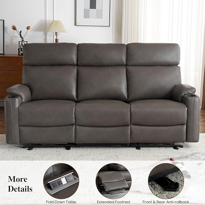 Power Reclining Sofa, Electric 3-Seat Dual Recliner Couch with USB Ports, Cup Holders, Wall Hugger Sofa & Couch for Living Room Home Theater Apartment RV (Grey) | Drop-Down Table, Side Pocket, Extended Footrest, Breathable Material