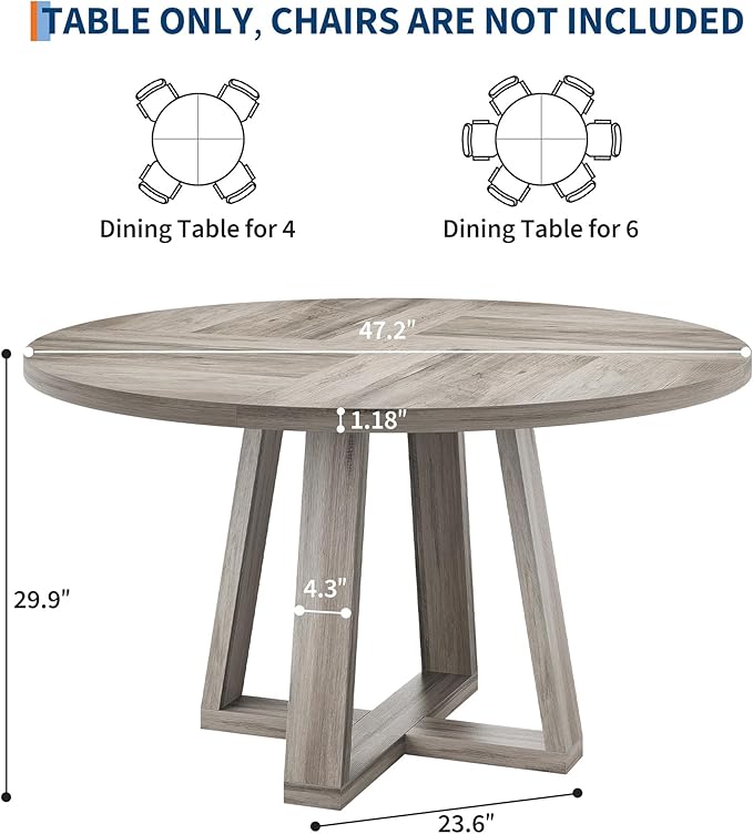 Garvee Round Dining Table for 4-6 People, 47" Modern Kitchen Dinner Table with Wood Cross Pedestal Base for Living Room, Grey
