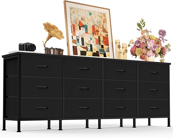 DUMOS TV Stand for Bedroom with Storage TV Stands for Living Room Black, 12 Drawer Dresser Farmhouse Entertainment Center for up to 80 Inch TVs, Media Console Table with Metal Frame Adjustable Feet
