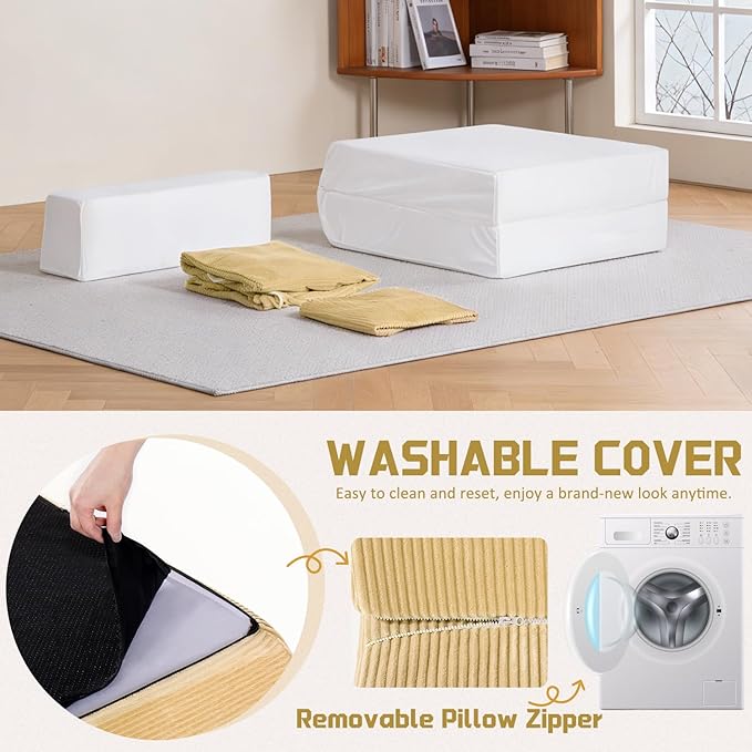 Trenda Folding Sofa Bed, 16lbs Convertible Sleeper Chair with Removable Back Pillow & Handle, Washable Cover Solid Foam Fold Out Chair Bed for Living Room, Apartment, Guest, Single, Camel