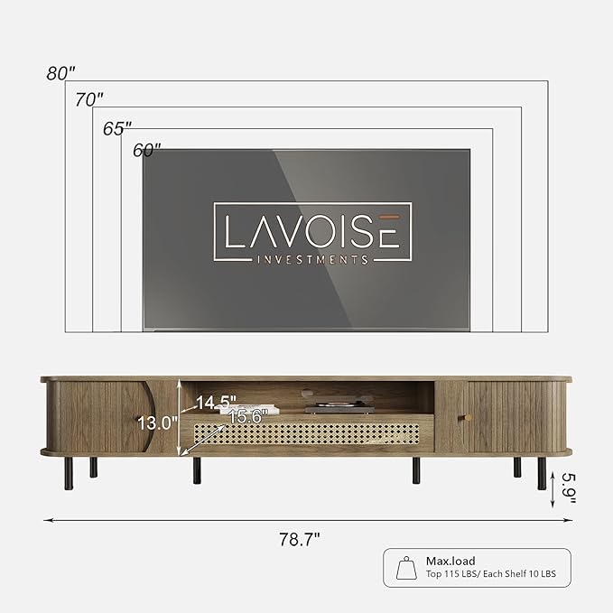 basenji 79" Fluted TV Stand with Sliding Doors & Rattan,Mid Century Modern Entertainment Center with Storage,Curved Edge Design,Media Console for TVs up to 85",TV Consoles for Living Room,Oak