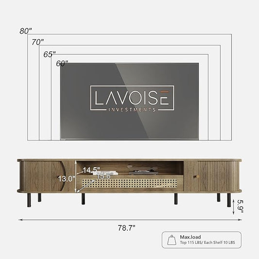 basenji 79" Fluted TV Stand with Sliding Doors & Rattan,Mid Century Modern Entertainment Center with Storage,Curved Edge Design,Media Console for TVs up to 85",TV Consoles for Living Room,Oak