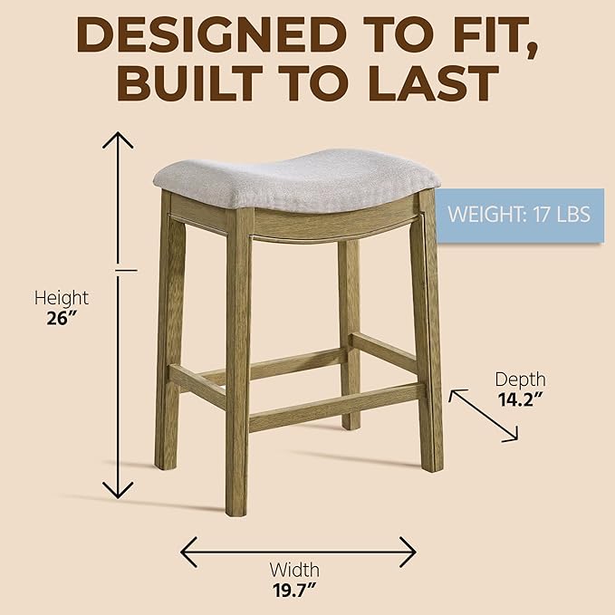 ROME + OAK Parker 26 Inch Counter Stool, Backless Saddle Kitchen Barstool in Natural Finish with Cream Fabric Upholstery Cushion Seat