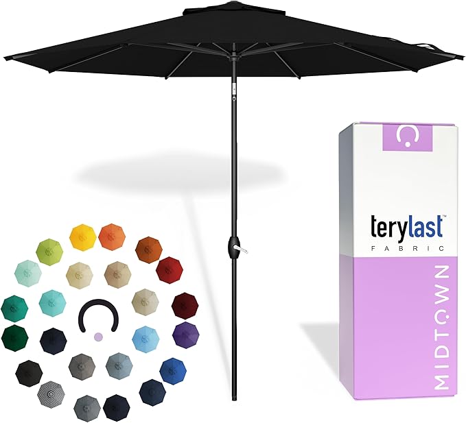 Midtown Umbrellas - 10-Year-No-Fade 6 Ft Patio Umbrella with Terylast Fabric, Auto-Tilt Aluminum Frame and 8 Reinforced Ribs for Deck, Pool, Garden & Beach - Ebony Black Canopy, Black Pole