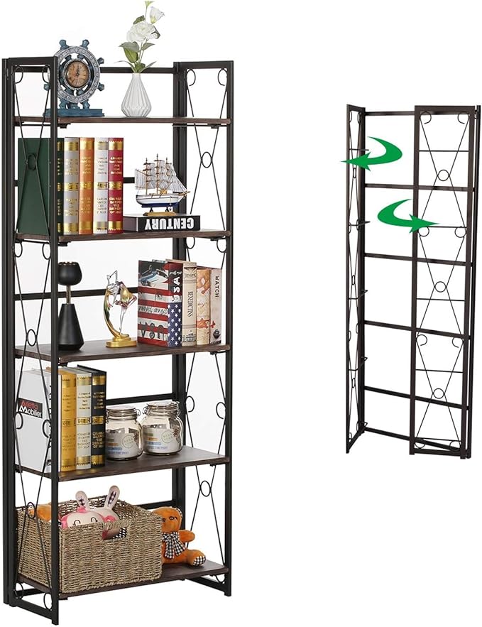VECELO Folding Bookshelf, 5 Shelf Folding Bookcase No Assembly, Industrial Metal Freestanding Shelves Rack Organizer for Living Room, Office, Bedroom, Kitchen