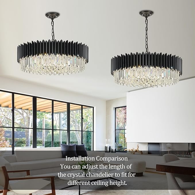 Black Crystal Chandelier 30'' K9 Crystal Round Pendant Lights Adjustable 6-Tier Large Modern Crystal Chandelier Light 12-Lights for Dining Room Living Room Kitchen Foyer Entryway