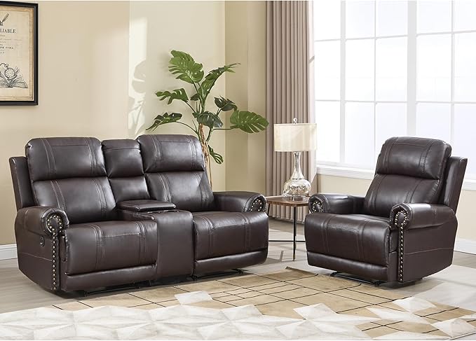EBELLO Faux Leather Electric Reclining Sofa Set, Power Recliner Three Seats Sofa Set, a Chair and a Loveseat Sofa with USB and Type-C Charging Ports, Vintage Rivet Design for Small Living Room, Brown