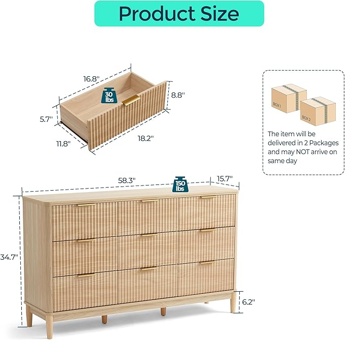 LINSY Fluted Dresser for Bedroom with 9 Drawers, Mid Century Modern Chest of Drawers with Gold Metal Handles, Wide Boho Wood Dressers, Large Farmhouse Storage Cabinet for Bedroom, Living Room, Oak