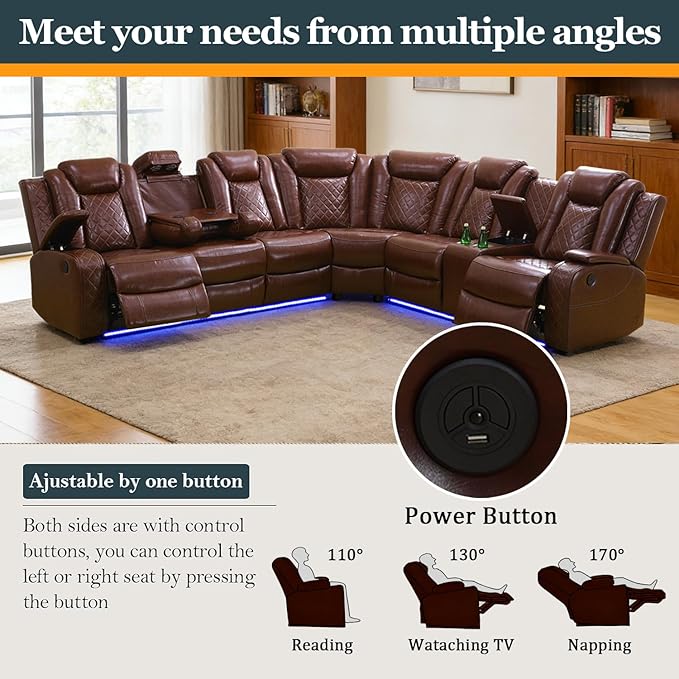 Power Recliner Sectional Sofa Set, Brown Leather Sectional Couch Set with 5 Recliners for Living Room, L Shape Reclining Sofa with Cup Holder, Hidden Storage, Coffee Table for House(9 Seat)