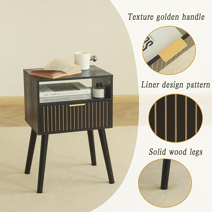 Black Nightstand with Charging Station, Mid Century Modern Bedside Table with Open Shelf and Storage Drawer, End Table with Solid Wood Legs, Black