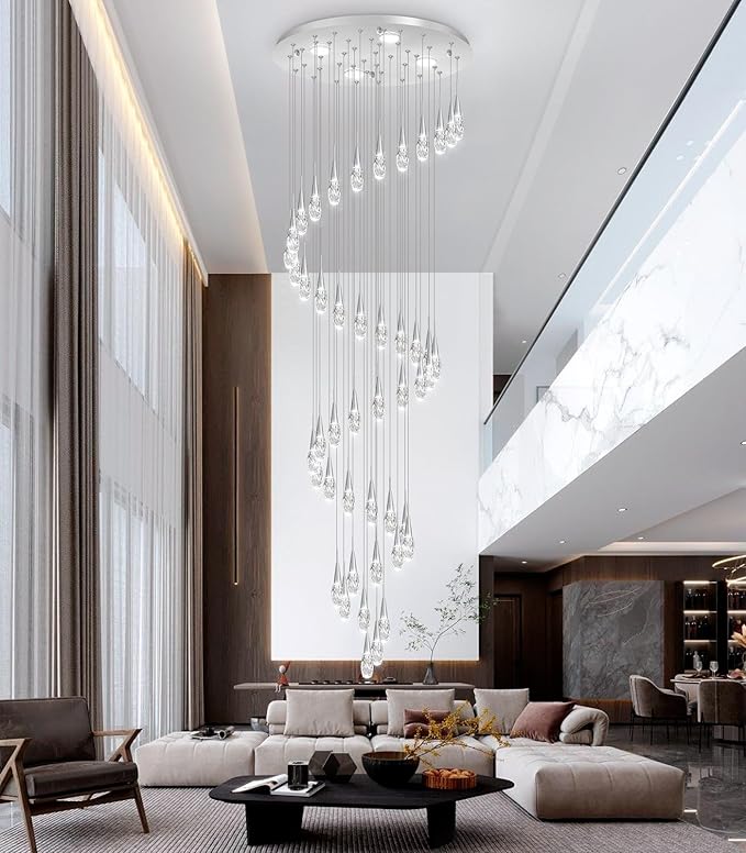 46-Lights 19 Feet Large Modern Chandelier LED Light Fixtures High Ceiling Long Light Chandelier for Entrance Foyer Dimmable Lights with Remote Living Room Ceiling Pendant Lighting Shine Silver