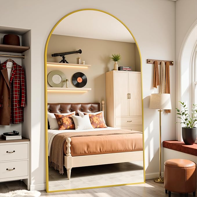 Full Length Mirror, 81"x41" Arched Full Body Mirror, Floor Mirrors with Stand, Body Mirrors Standing Hanging Leaning Against Wall,Aluminum Frame Mirrors for Bedroom Cloakroom,Living Room,Gold