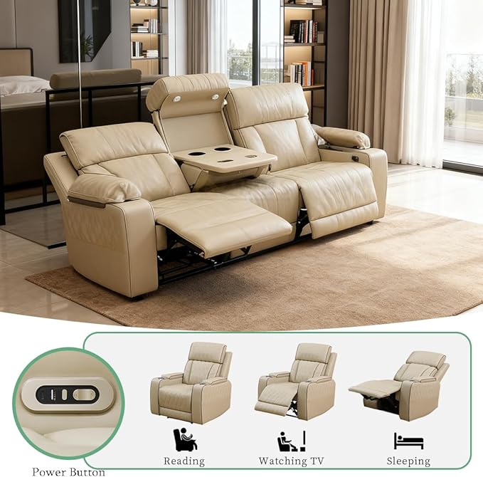 Living Room Furniture Sets, Power Recliner Sofa with LED Light, Beige Breathing Leather Reclining Sectional Sofa with Drop-Down Table, Cup Holder and Storage Console for Living Room,Office