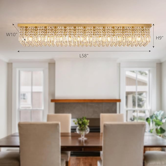 59-inch Modern Crystal Chandelier,13-Light K9 Crystal Rectangle Chandelier for Dining Room,Kitchen Island Adjustable Hanging Pendant Light Fixture,Gold Brass