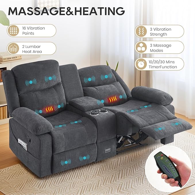 Recliner Sofa, Reclining Loveseat Sofa with Massage & Heat, Reclining Couch with Side Pockets, Extra Storage, Cup Holders for Living Room