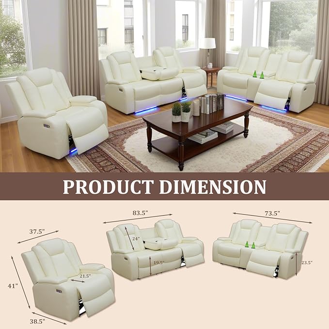 Power Recliner Sofa Set, Air Leather Reclining Couch with LED/Cup Holders/Storage, 2 Pieces Reclining Living Room Furniture, Creamy White Leather Sofa and Loveseat for House/Apartment/Office
