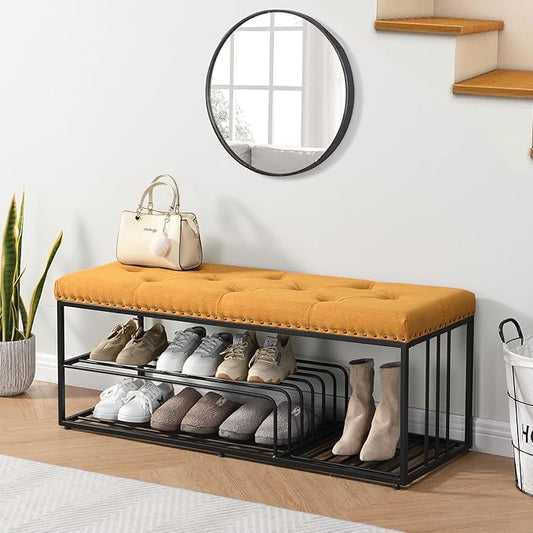 End of Bed Bench-Upholstered Entry Shoe Storage with Nailhead Trim,Black Mental Frame Ottoman Bench for Bedroom Entry Window Mudroom Living Room,Yellow