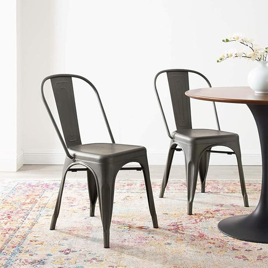 Modway Promenade Industrial Modern Steel Metal Bistro Dining Chairs in Gunmetal - Set of 2