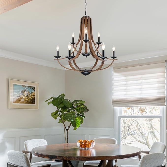 Farmhouse Chandeliers for Dining Room Light Fixture,2 Tier 9-Light 31" Adjustable Height Retro Faux Wood Texture Rustic Light Fixtures for Living Room Bedroom Foyer Entryway