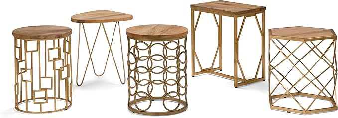 SIMPLIHOME Patrice Metal Table - 18 inch Wide Solid Wood and Metal Round Side Table in Natural and Gold, Mid-Century Modern Accent Table for Living Room or Bedroom with Hairpin Legs