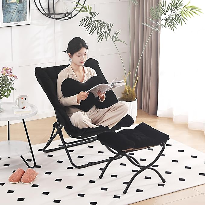 Comfy Saucer Chair with Ottoman, Oversized Folding Faux Fur Chair Soft Furry Lazy Chair with Metal Frame Moon Chair Accent Chair for Bedroom, Living Room, Dorm Rooms, Black