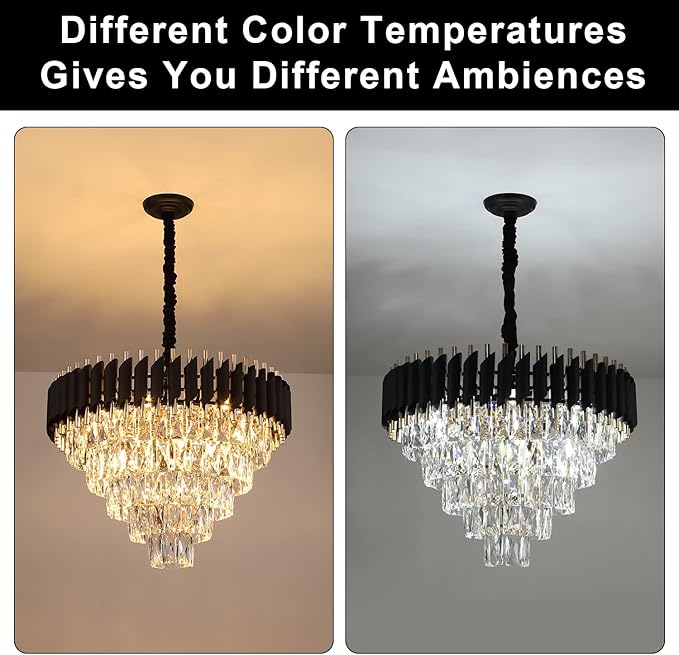 AXILIXI Crystal Chandelier Contemporary, 24" Modern Living Room Chandeliers, K9 Crystal Ceiling Lights Fixtures, Round 5 Tiers Pendant Lighting Chandelier Black for Entryway Dining Room Staircase