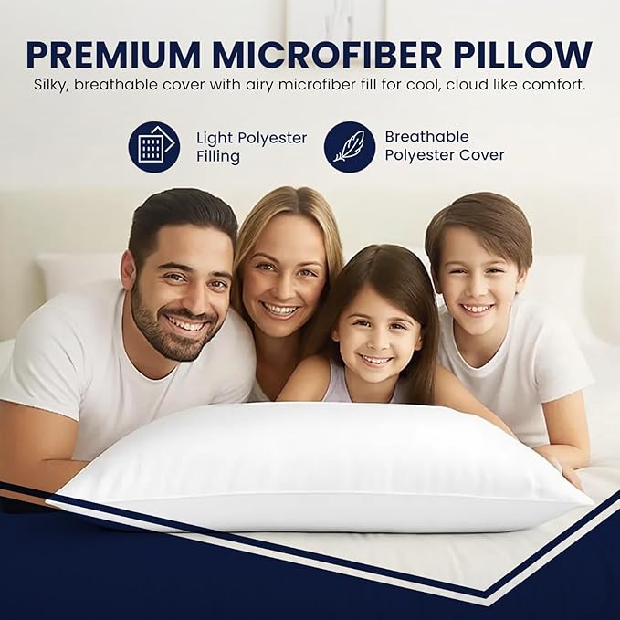 Bed Pillows for Sleeping, Set of 2 – Cooling, Hotel Quality with Soft Down Alternative Fill for Back, Stomach & Side Sleepers | White Microfiber Standard