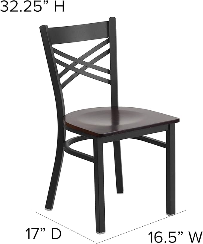 Flash Furniture HERCULES Series Black ''X'' Back Metal Restaurant Chair - Walnut Wood Seat