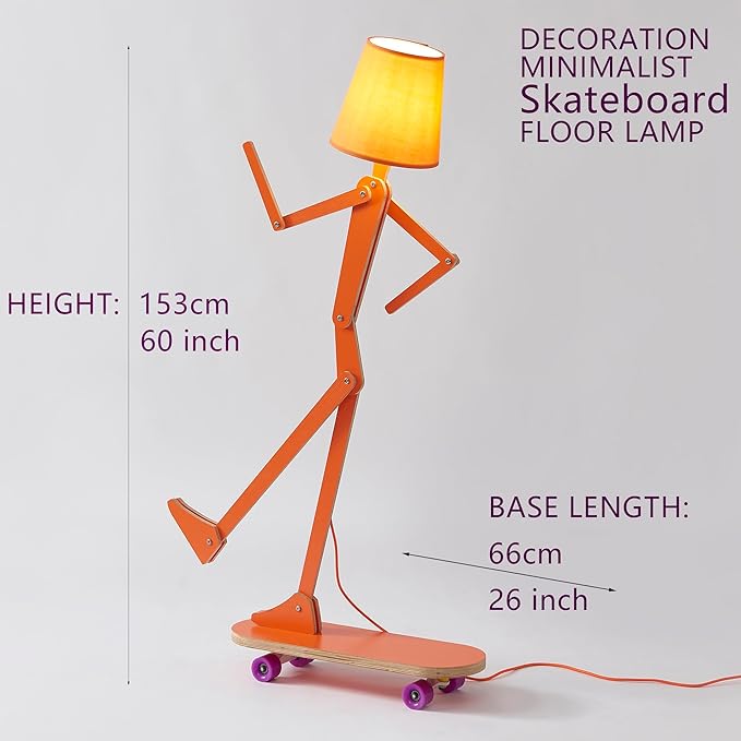 Cool Wood Floor Lamp for Living Room Bedroom Kids Bedside - Unique Office Decorative Corner Reading Standing Swing Arm Light for House Home Gift Ideas - LED Bulb Included (Orange-Skateboard)