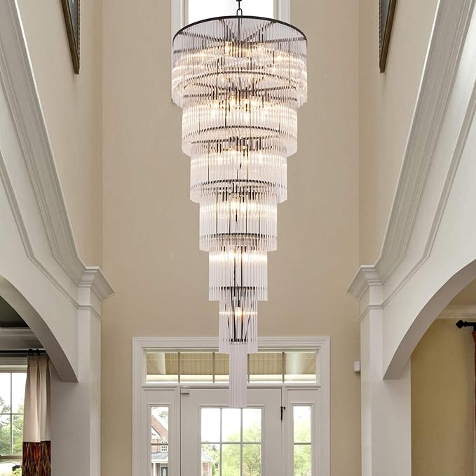 Black Glass Chandeliers for High Ceiling, 7-Tier Glass Rod Chandelier H71 Modern Foyer Entryway Ceiling Light Fixture for Staircase Living Room Entry Extra Long