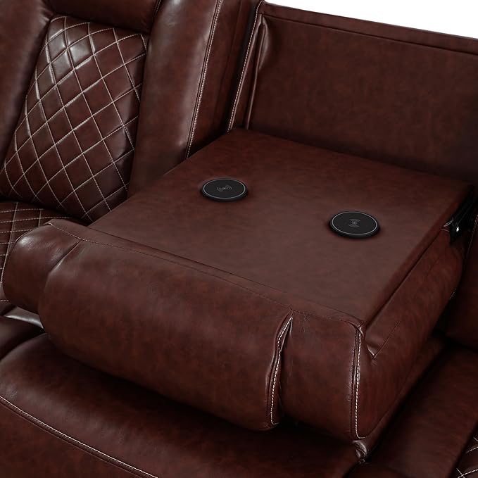 Breathing Leather Power Reclining Sofa, Living Room Furniture with 2 Recliners, 3 Seater Leather Couch with Flip-Down Table/USB Charging for Office/Home Theater (Auburn, 3-Seat Sofa)